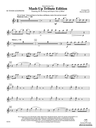 Mash-Up---Tribute Edition (Remembering Finn) (as featured on Glee): B-flat Tenor Saxophone