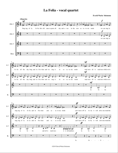 La Folia for vocal quartet (3 altos and 1 bass) in Octatonic and Dorian modes
