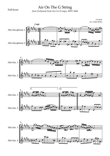 Arrangement of the song Air On The G String (J.S. Bach) for Alto Saxophone Duo