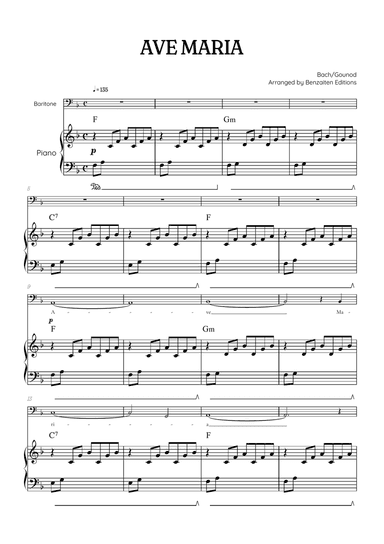 Bach / Gounod Ave Maria in F major • baritone sheet music with piano accompaniment and chords