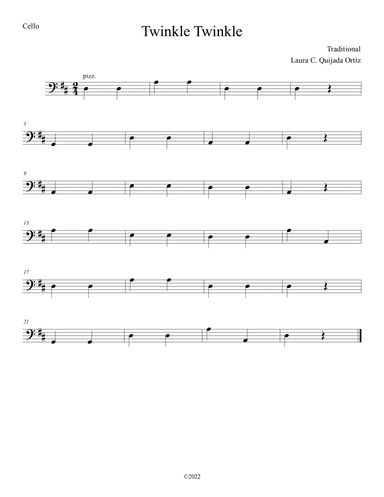 Twinkle Twinkle. Open strings and first finger. Score & parts.