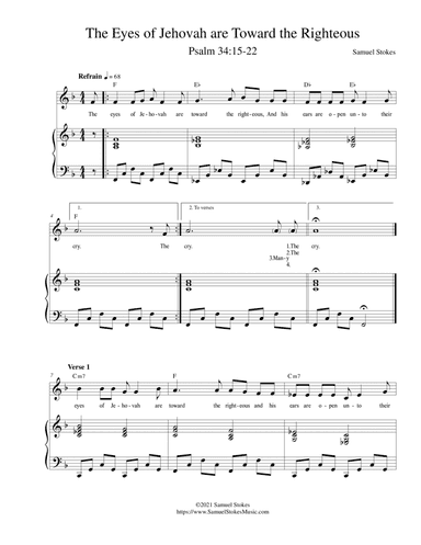 The Eyes of Jehovah are Toward the Righteous (Psalm 34:15-22) for unison choir and piano (Lectionary