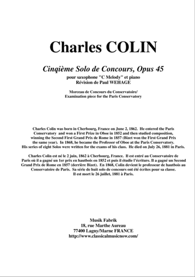 Charles Colin: Cinquième Solo de Concours, Opus 45 arranged for C melody saxophone and piano