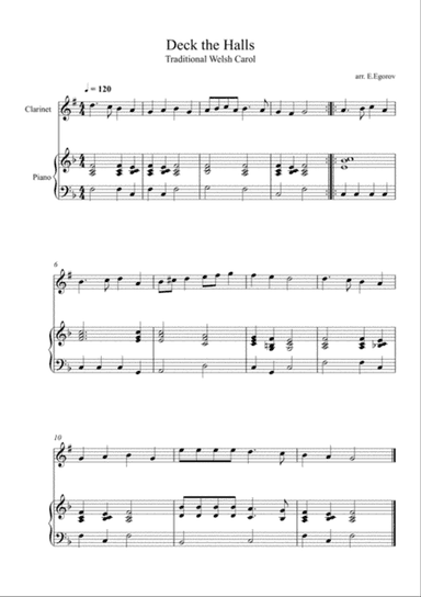 Deck the Halls, For Clarinet & Piano