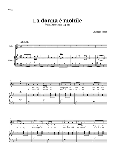 La donna è mobile in F major for Voice and Piano