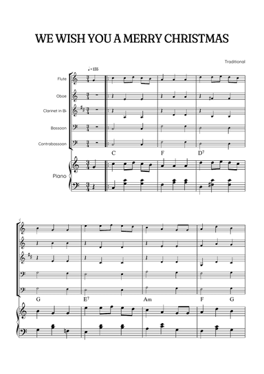 We Wish You a Merry Christmas for Woodwind Quintet & Piano • easy Christmas sheet music w/ chords