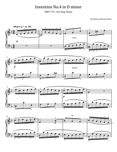 J S Bach - Invention No.4 in D minor - BWV 775 - For Easy Piano - With Finger