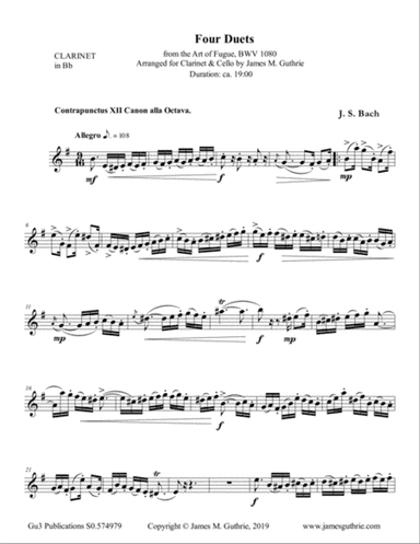 Bach: Four Duets from the Art of Fugue for Clarinet & Cello