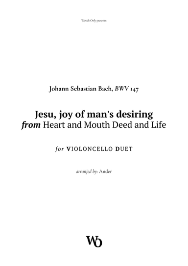 Jesu, joy of man's desiring by Bach for Cello Duet