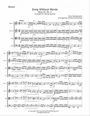 Mendelssohn, F., - "Song Without Words" for String Quartet