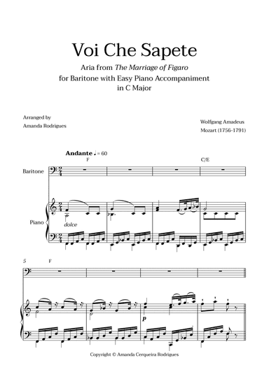 Voi Che Sapete from "The Marriage of Figaro" - Easy Baritone and Piano Aria Duet with Chords in C Ma