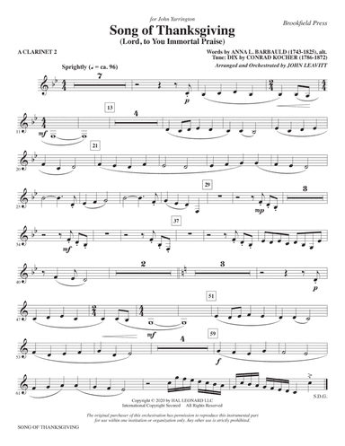 Song of Thanksgiving (Lord, to You Immortal Praise) (arr. Leavitt) - A Clarinet 2
