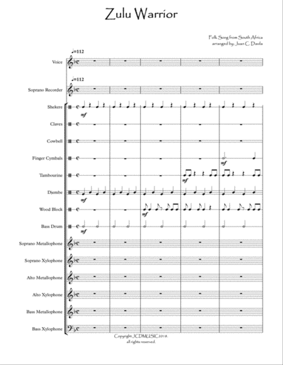 Zulu Warrior (Folk Song from South Africa) arranged for Orff Ensemble