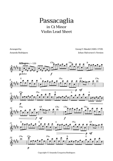 Passacaglia - Easy Violin Lead Sheet in C#m Minor (Johan Halvorsen's Version)