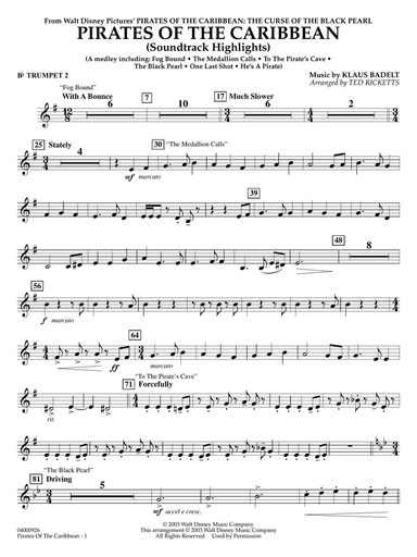 Pirates of the Caribbean (Soundtrack Highlights) (arr. Ted Ricketts) - Bb Trumpet 2