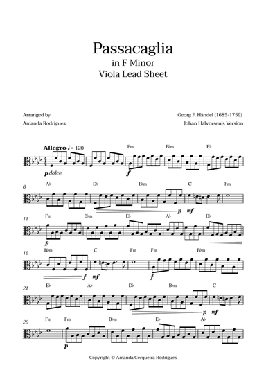Passacaglia - Easy Viola Lead Sheet in Fm Minor (Johan Halvorsen's Version)