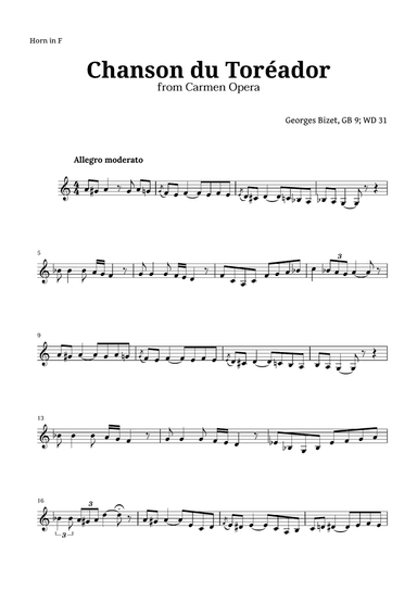 Chanson du Toreador by Bizet for French Horn
