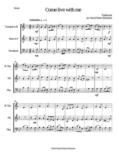 Come live with me for brass trio (trumpet, horn, trombone)