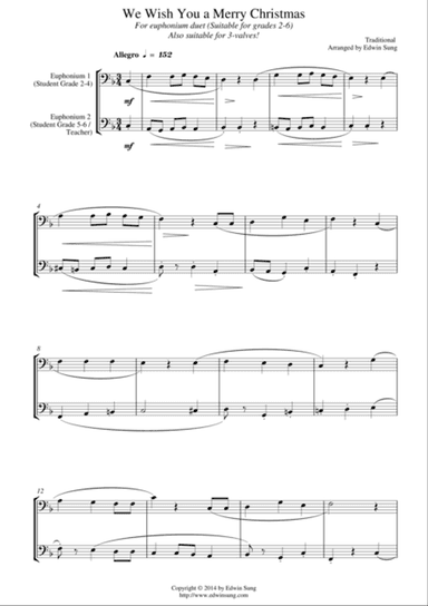 We Wish You a Merry Christmas (for euphonium duet (bass clef, 3 or 4 valved), suitable for grades 2-
