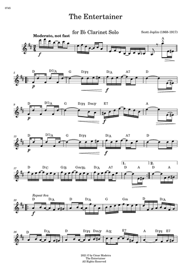The Entertainer by Joplin - Bb Clarinet Solo - W/Chords (Full Score)