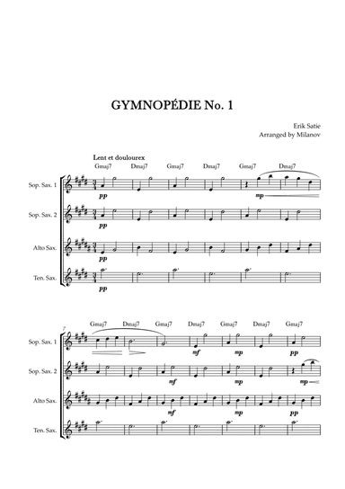 Gymnopédie no 1 | Saxophone Quartet | Original Key | Chords | Easy intermediate