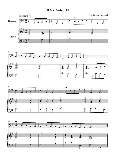 Bach - Minuet in G major and G minor (BWV Anh. 114 - 115) for Bassoon and Piano