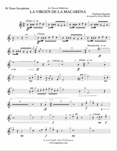 La Virgen de la Macarena (Solo Trumpet and Concert Band): B-flat Tenor Saxophone