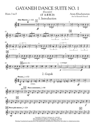 Gayenah Dance Suite No. 1 (Excerpts) (arr. Kenneth Snoeck) - Horn 3 in F