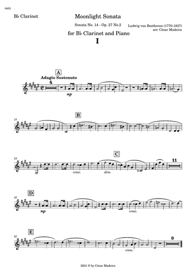 Moonlight Sonata by Beethoven 1 mov. - Bb Clarinet and Piano (Individual Parts)