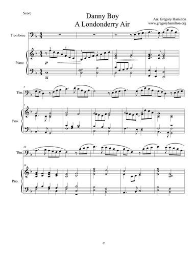Danny Boy - A Londonderry Air - arranged for Trombone and Piano