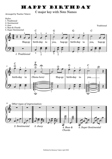 Happy Birthday with note names, chords and suggested left hand accompaniment