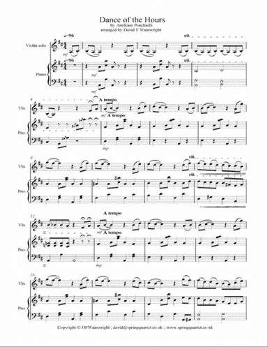 Dance of the Hours by Ponchielli arranged for solo violin and piano, score / parts