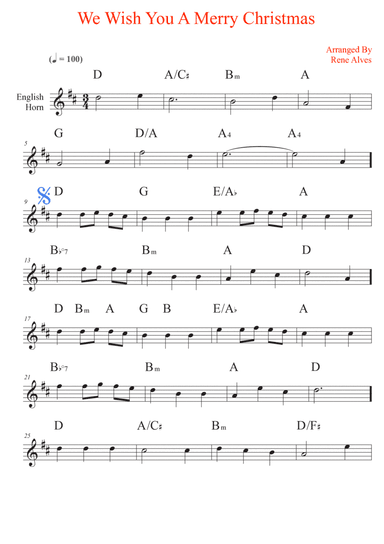 We Wish You A Merry Christmas, English horn sheet music and melody for the beginning musician (easy)