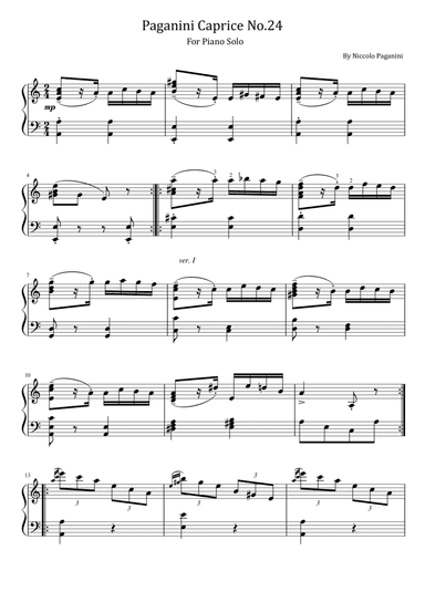 Paganini Caprice No.24 - Variations For Piano Solo With Fingered