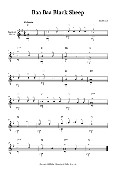 Baa Baa Black Sheep - Fingerstyle Guitar (with Chords and Fingering)