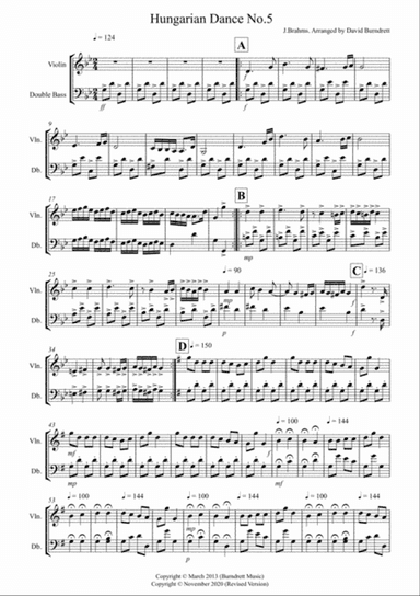 Hungarian Dance No.5 for Violin and Double Bass