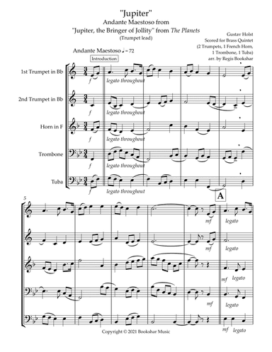 Jupiter (Andante Maestoso from "Jupiter, the Bringer of Jollity" from The Planets) (Bb) (Brass Quint