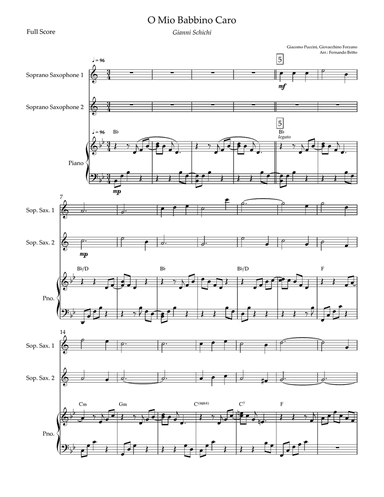 O Mio Babbino Caro (Puccini) for Soprano Saxophone Duo and Piano Accompaniment with Chords
