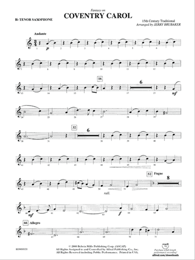 Coventry Carol: B-flat Tenor Saxophone