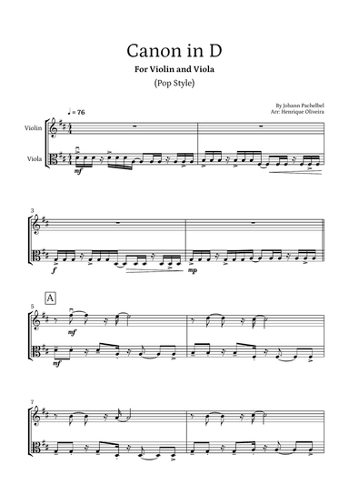 Canon in D (Pop Style) - For Violin and Viola