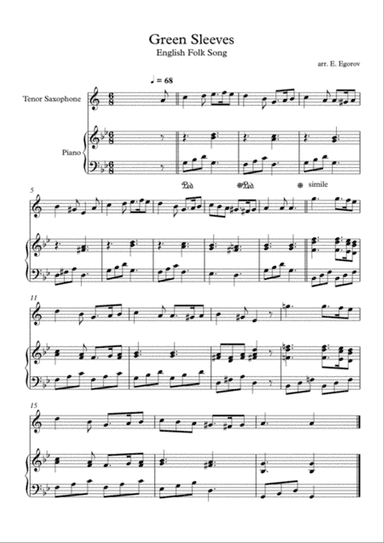 Greensleeves (What Child is This), English Folk Song, For Tenor Saxophone & Piano