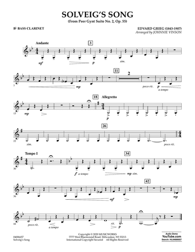 Solveig's Song (from Peer Gynt Suite No. 2) (arr. Johnny Vinson) - Bb Bass Clarinet