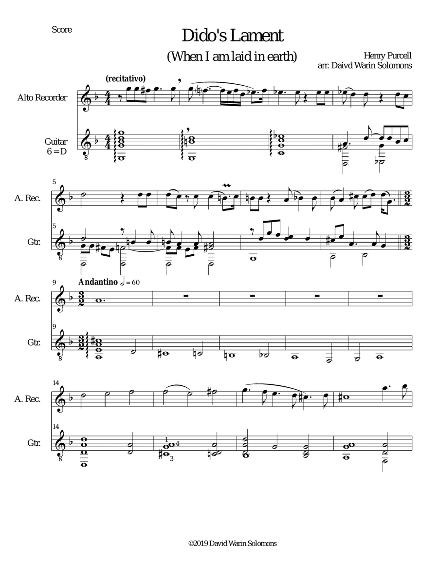 Dido's Lament - When I am laid in earth - arranged for alto recorder and guitar
