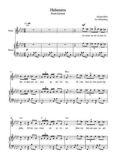 Habanera - Carmen for piano, chords and voice in F minor.