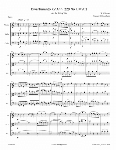 Mozart WA: Divertimento KV Anh. 229 No I, Mvt 1 arranged for String Trio