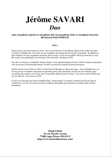 Jérôme SAVARI Duo for soprano saxophone and alto saxophone (or tenor saxophone and baritone saxophon
