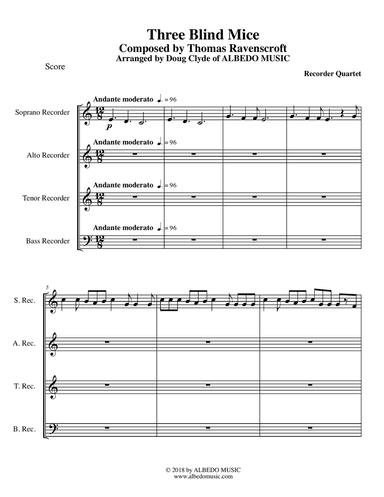 Three Blind Mice for Recorder Quartet