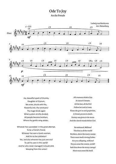 Beethoven - Ode To Joy for flute in F# with chords (Lyrics in English)
