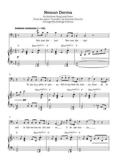 Nessun Dorma (for baritone or bass and piano)