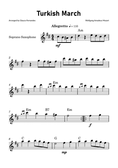 Turkish March by Mozart - Soprano Saxophone Solo with Chord Notations